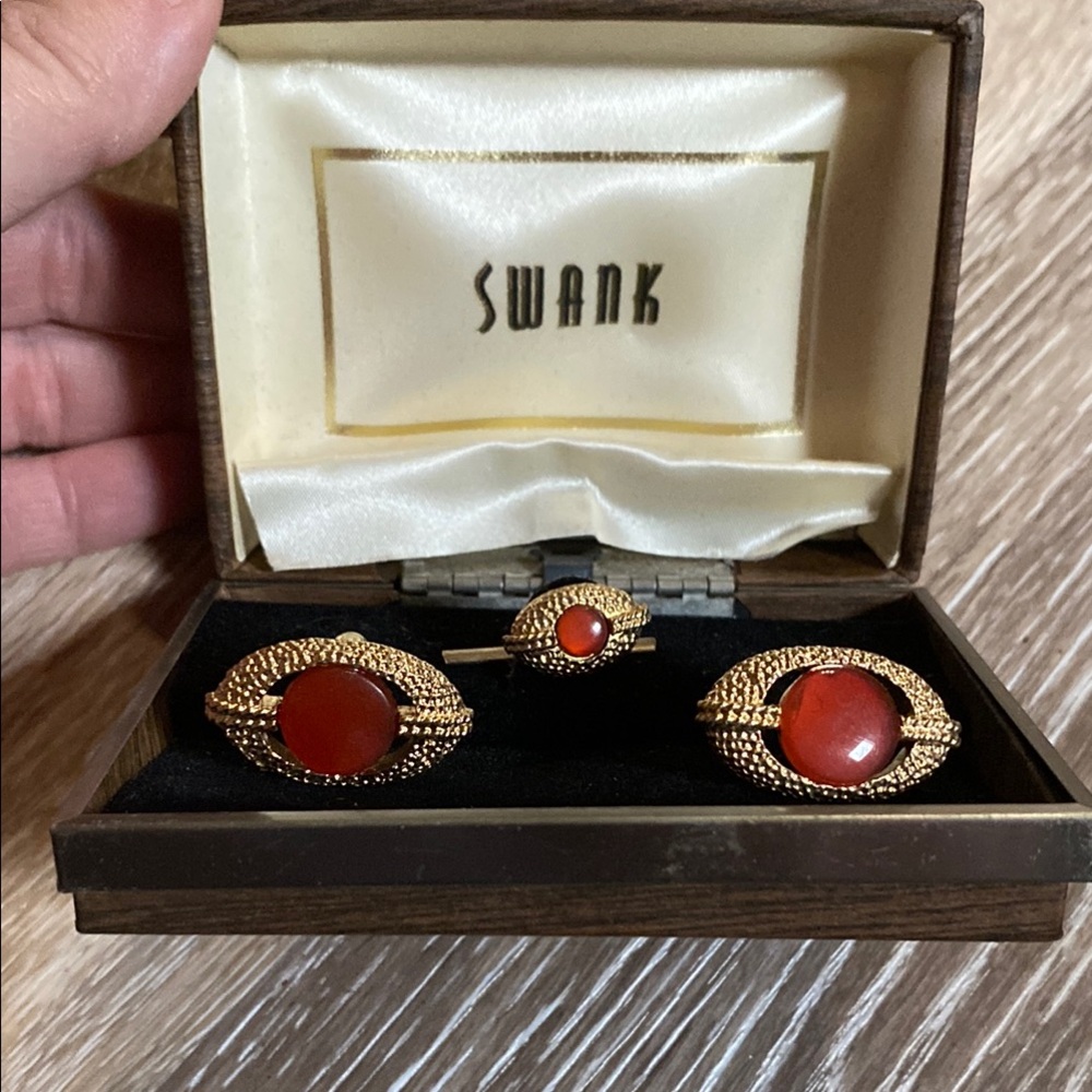 Vintage - Swank Gold and Orange Cufflinks/ Tie Tac Set